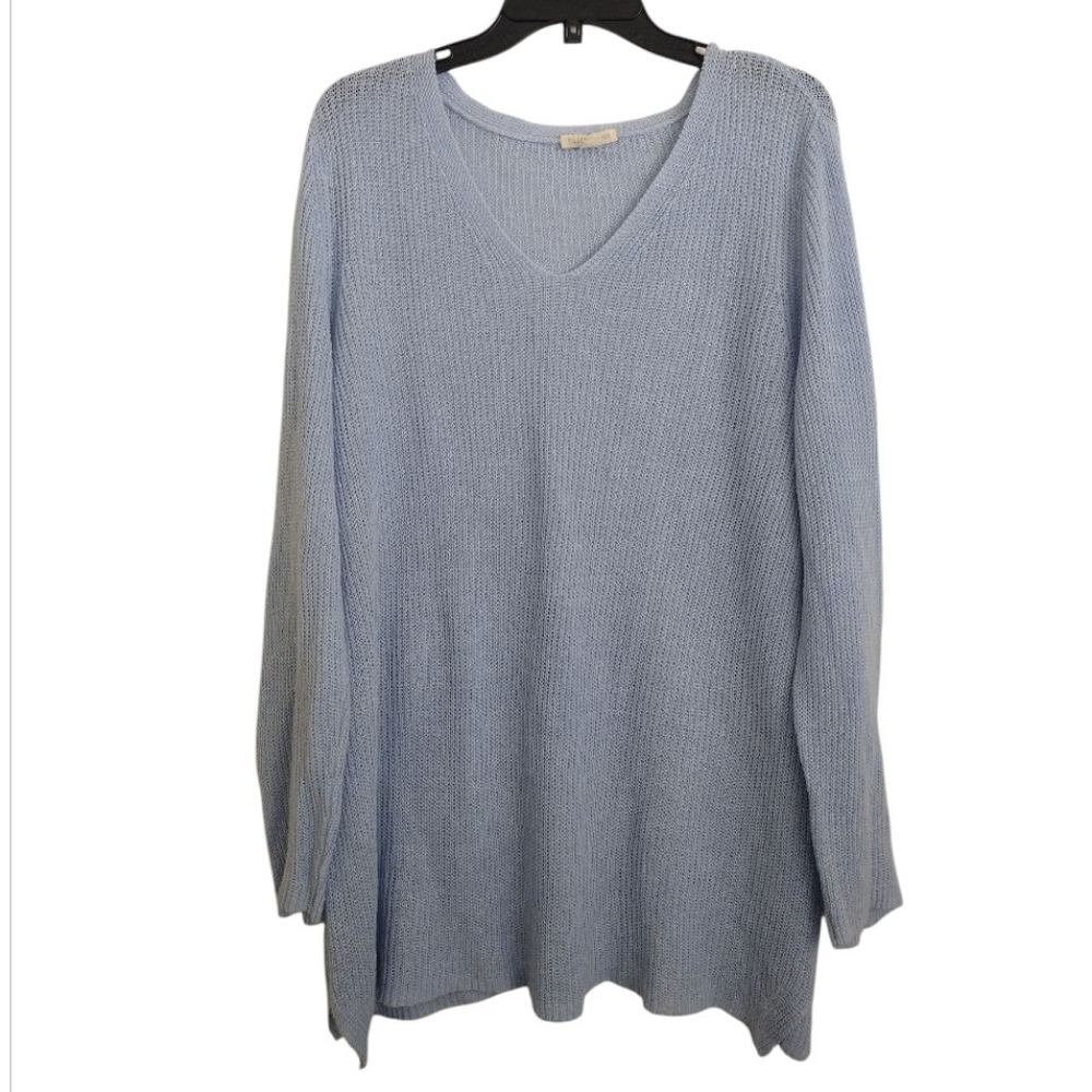 Eileen Fisher 100% Organic Linen Light Blue V-Neck Women's Sweater Size XL
